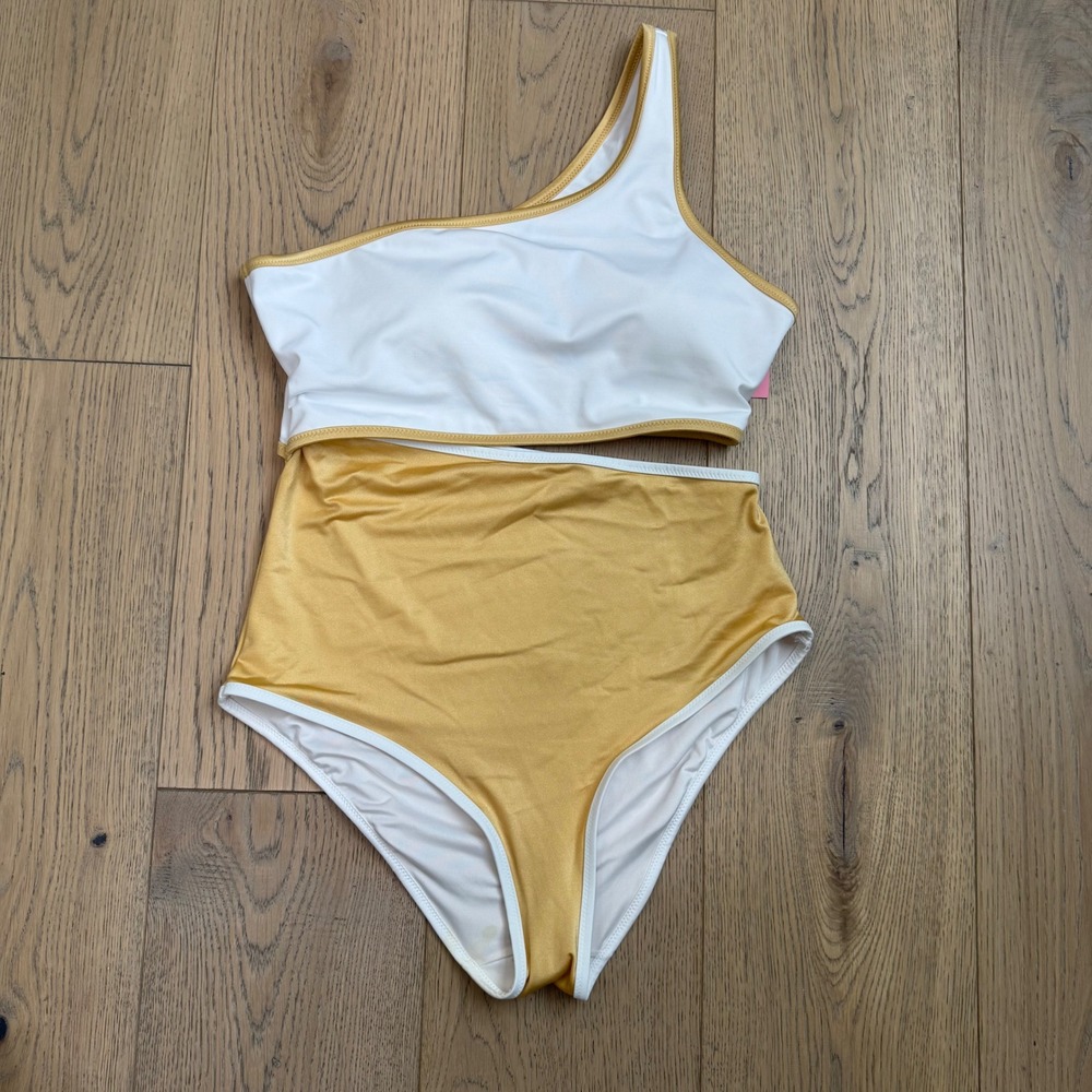 Victoria's Secret Bikini Women Large White Gold One Shoulder High Waist‎ Set
